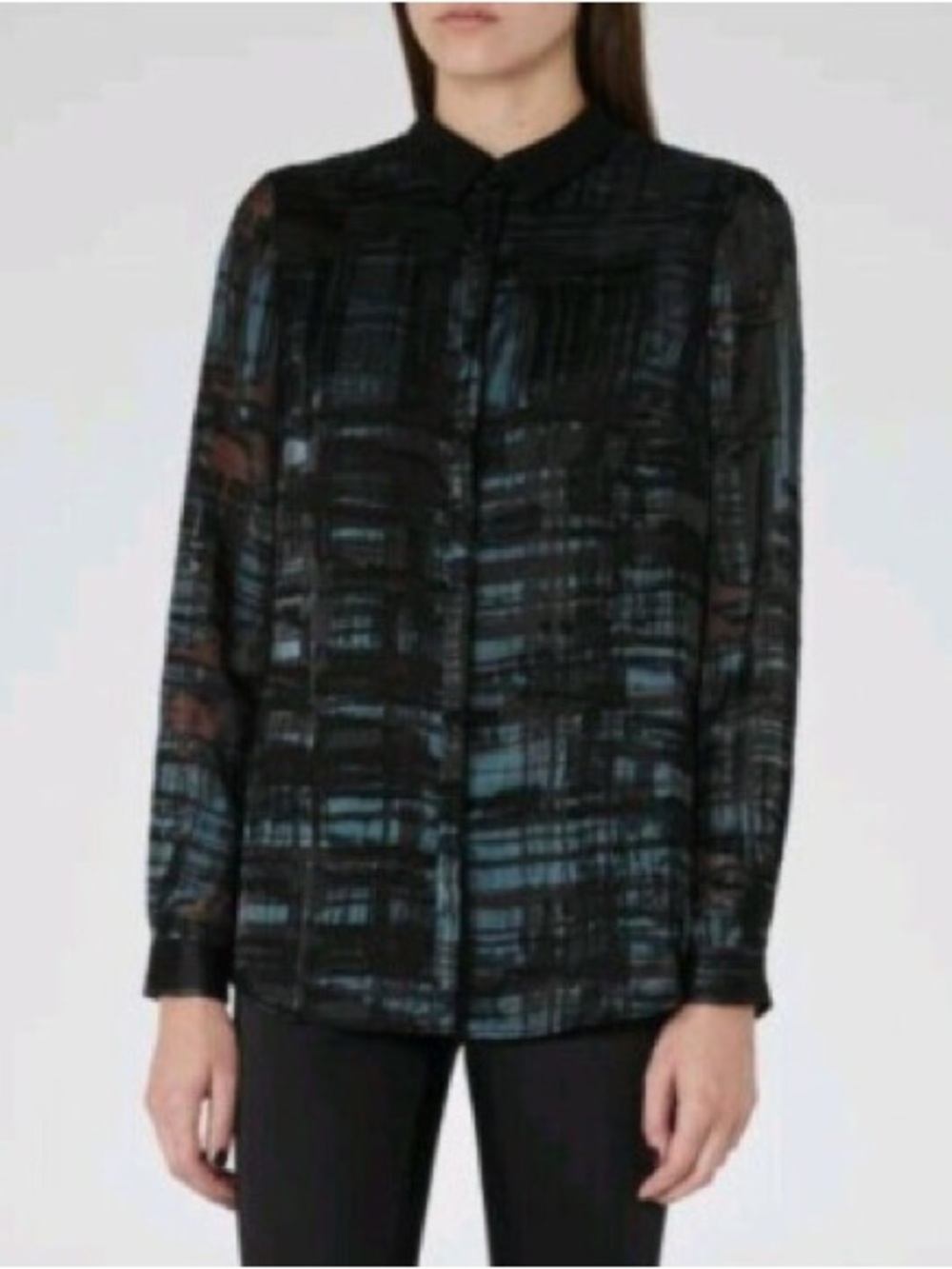 Reiss Black and Teal Patterned Button-Front Shirt Silk-Blend